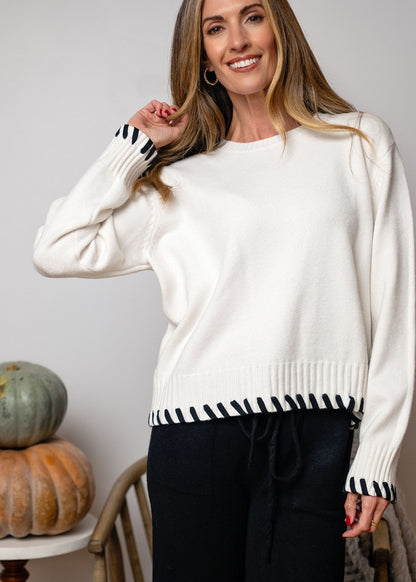 Chunky Knit with contrast Whipstitch in Ivory