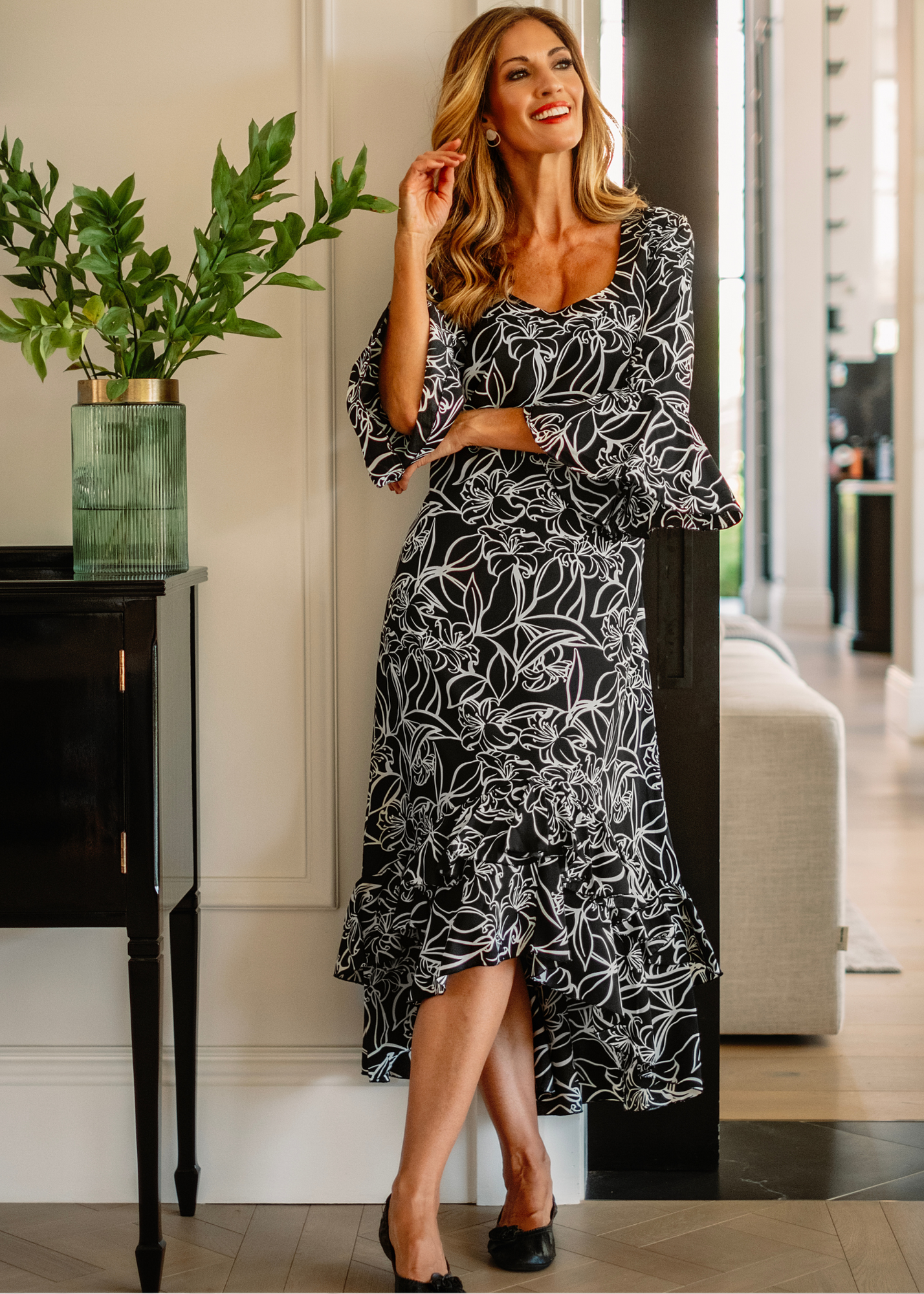 Sally Dress in Black & white floral