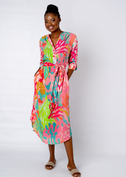 Fergie Cuffed Sleeve  Dress,  Coral Palms