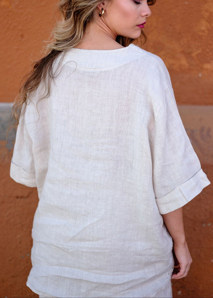 Lino 100% Linen V-Neck Blouse in Stone Broderie