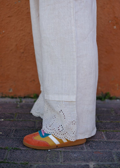 Lino 100% Linen Pants in Sandy Stone Broderie