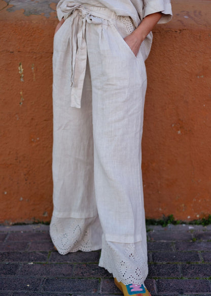 Lino 100% Linen Pants in Sandy Stone Broderie