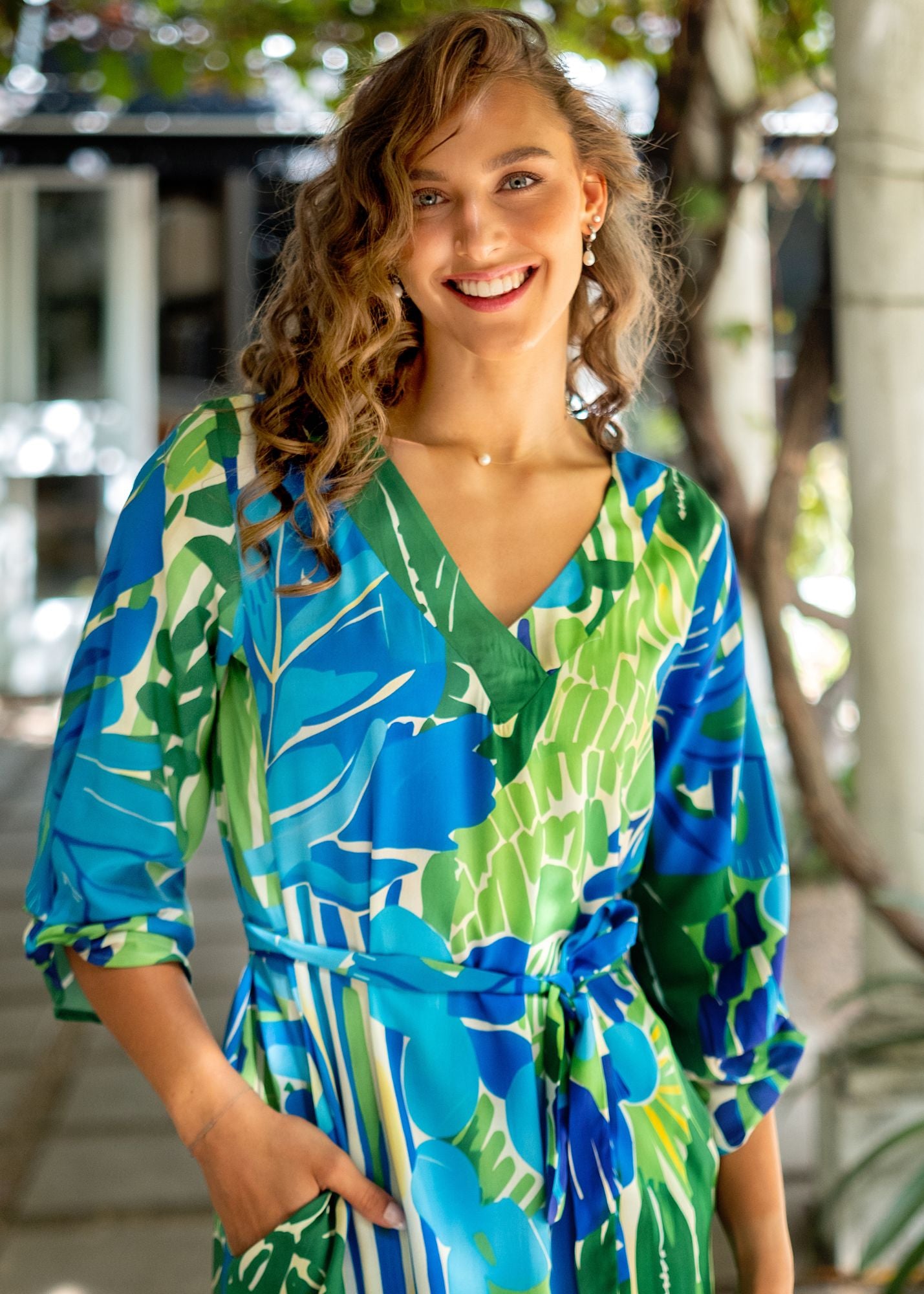 Gloria Dress with Tucked Sleeve Detail in Blue and Green