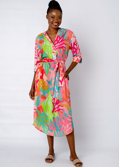 Fergie Cuffed Sleeve  Dress,  Coral Palms