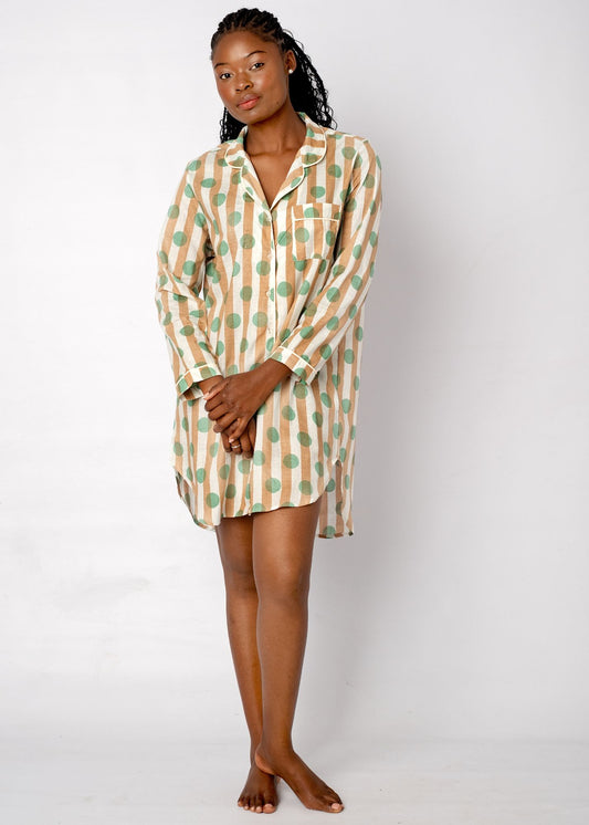 Long Sleeve Sleepshirt in Taupe Stripes