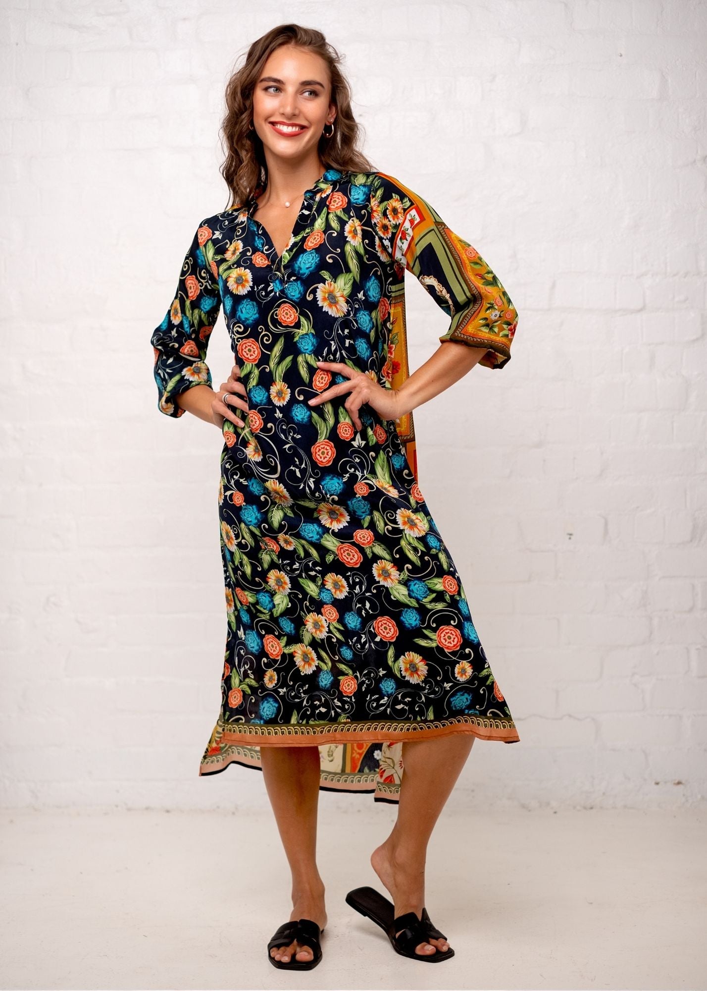 Carli Dress in Black with Floral Tiles