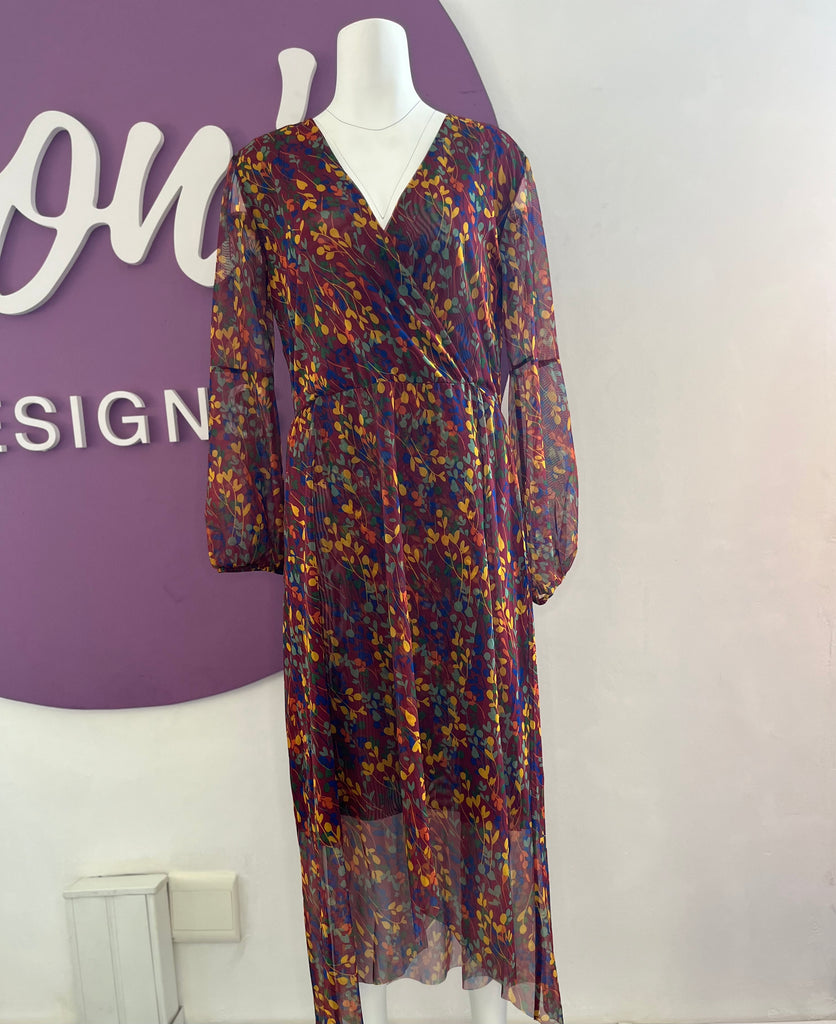 Asymmetrical wrap dress, Marroon with colourful leaves mesh
