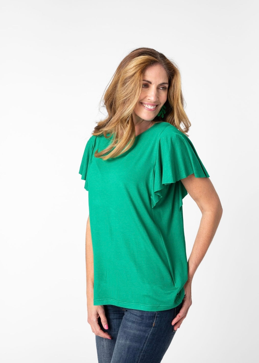 Frill sleeve T-Shirt in Green