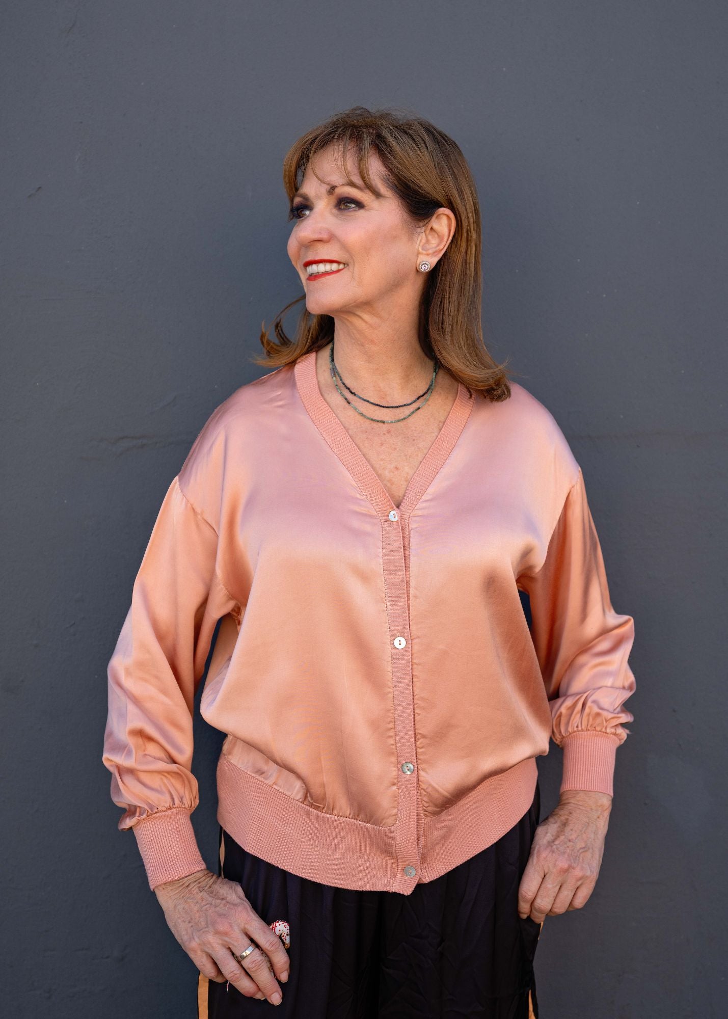 Lila Silk Viscose Blend Cardi in Salmon