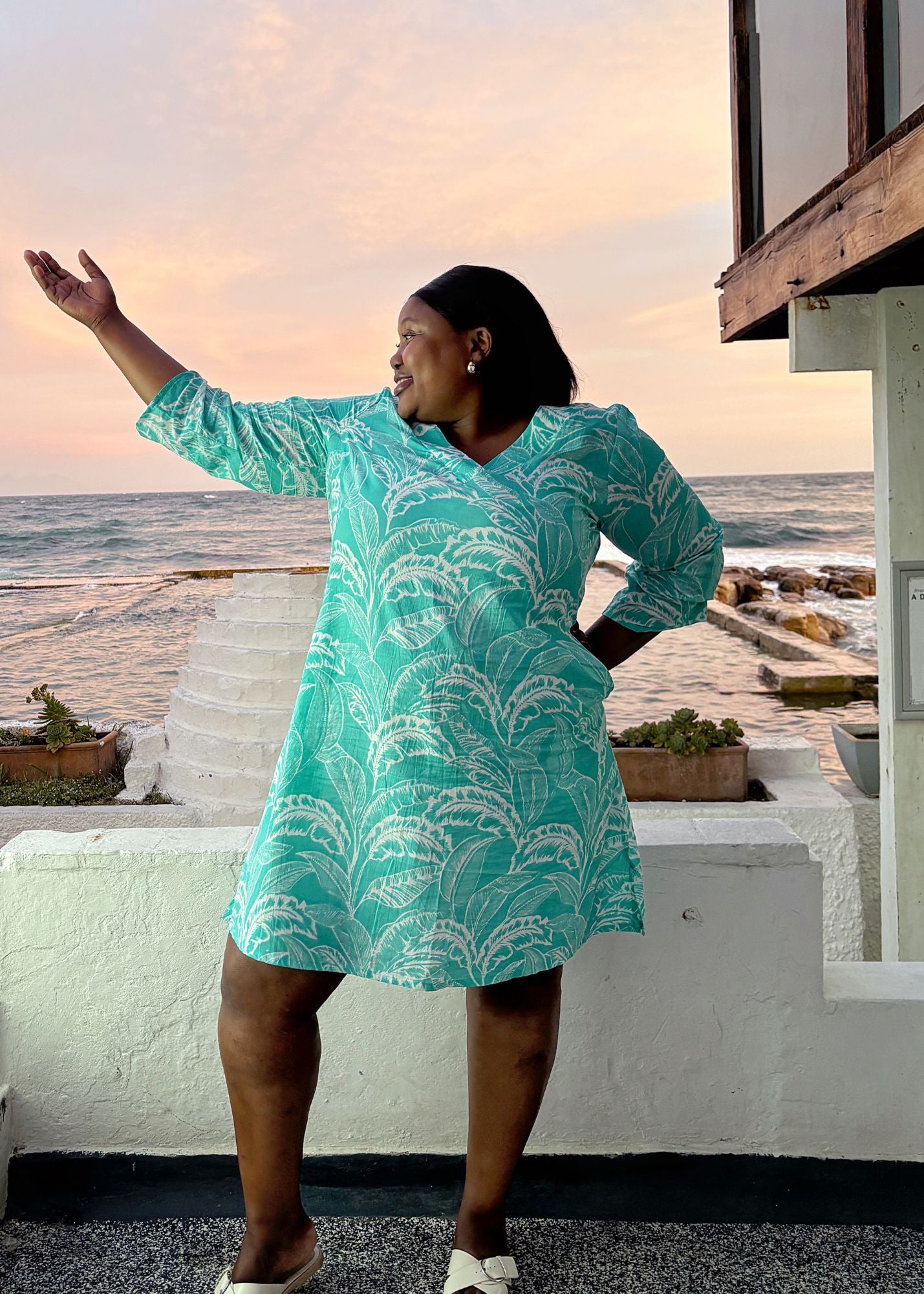 The Sipho Dress with Tucked Sleeve Detail in Jade Floral