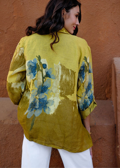 Lino 100% Linen Button Jacket in Periwinkle Heirloom Bloom