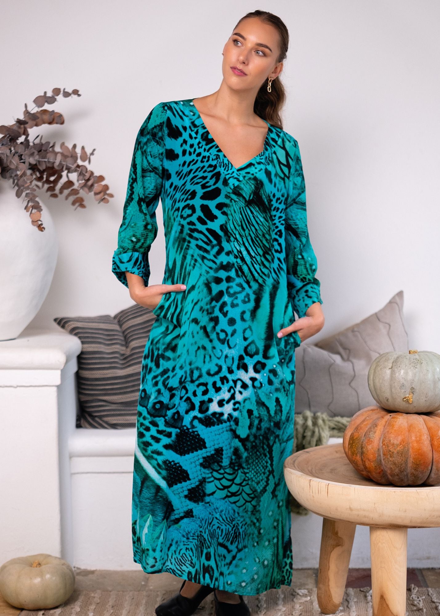 Gloria Dress with Tucked Sleeve Detail in Turquoise Animal Print