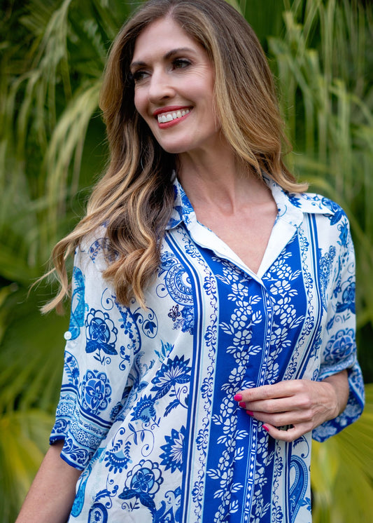 Myla Button down blouse in Blue Floral