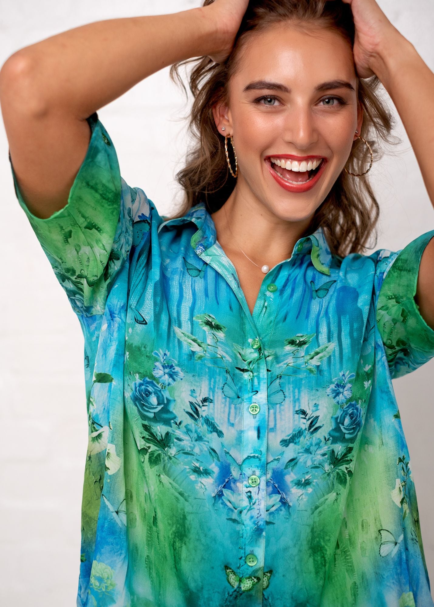 Molly Button down blouse in Green and Turquoise