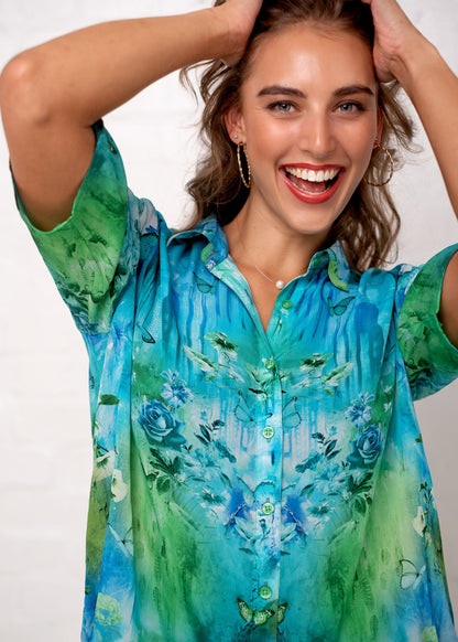 Molly Button down blouse in Green and Turquoise