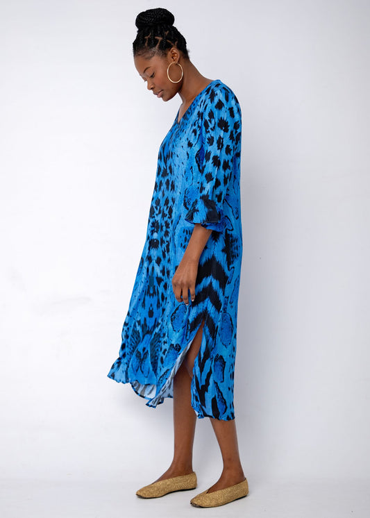 Alia Dress in Blue Animal Print