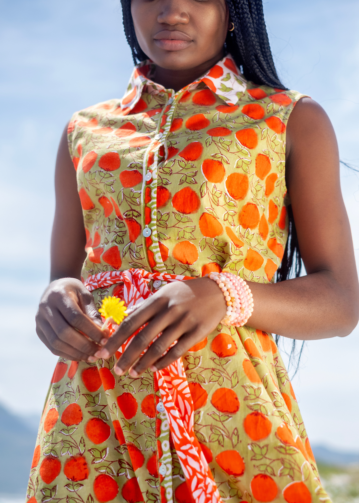 Candy Collar Dress in Green with orange flower & contrast