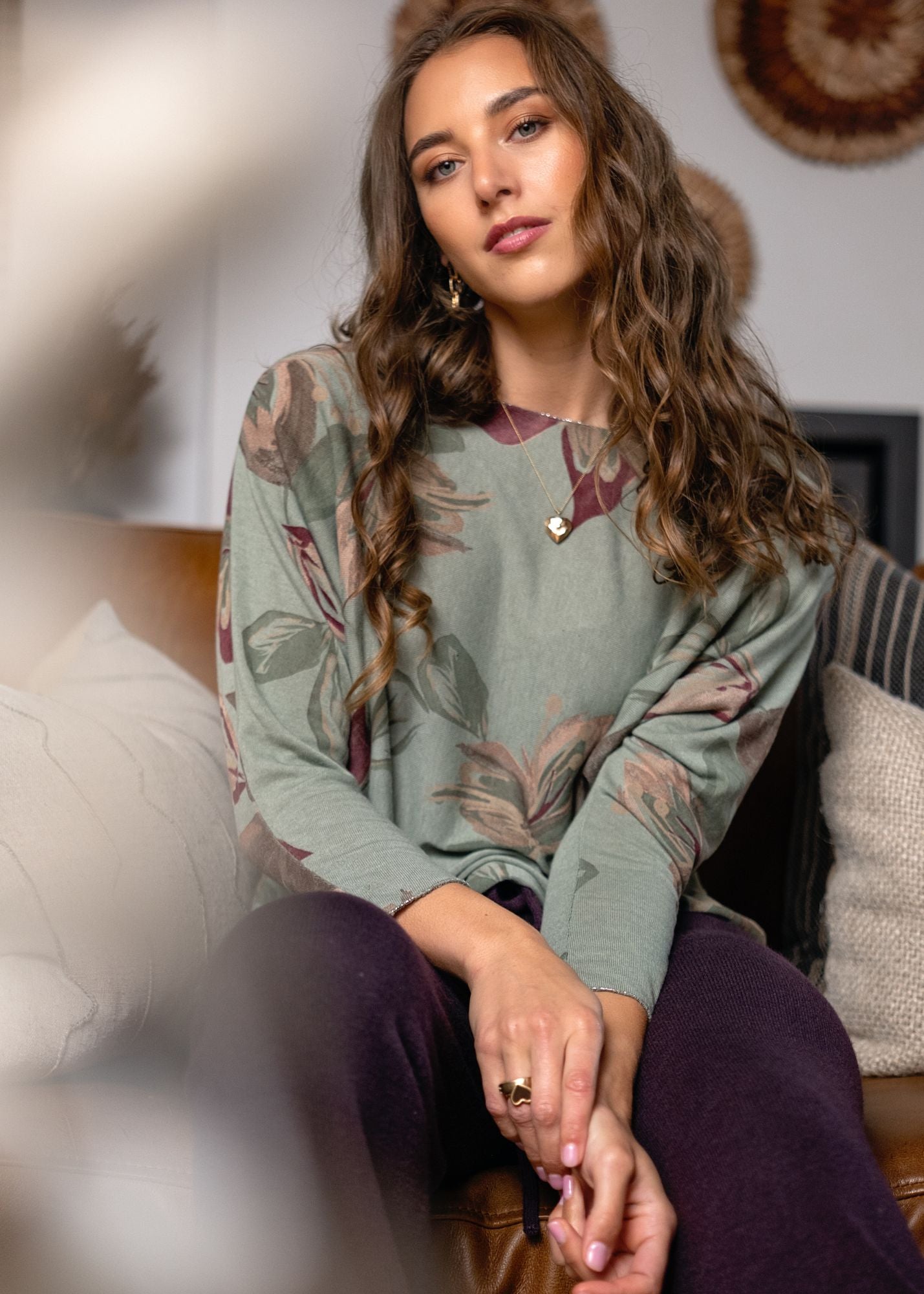 Silver Lining Round Neck Thin Knit Top in Olive and Maroon