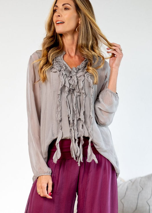 Sophia Silk Ruffle Blouse in Moonstone Grey
