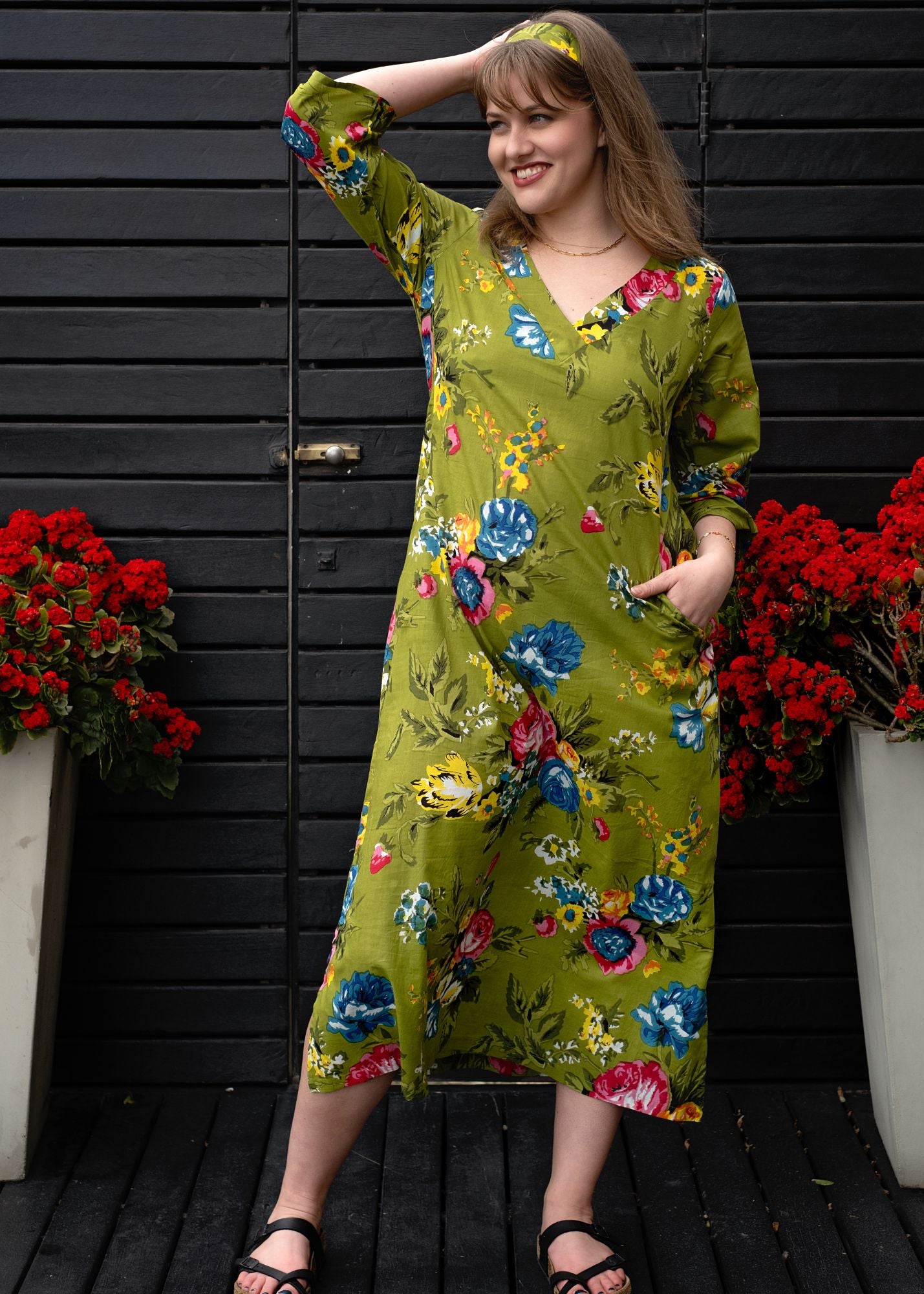 Gloria Dress with Tucked Sleeve Detail in Green Garden