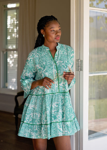 Valentina dress in Jade Leaves with Green Piping Detail