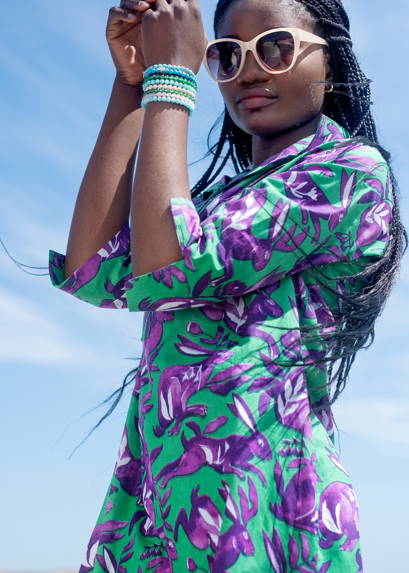 Gaby shirt dress in Green with purple bunnies