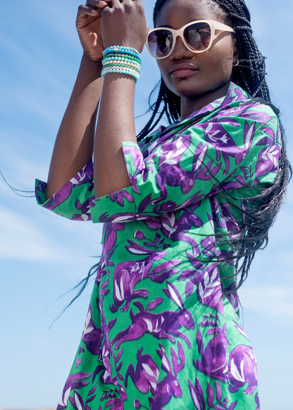 Gaby shirt dress in Green with purple bunnies