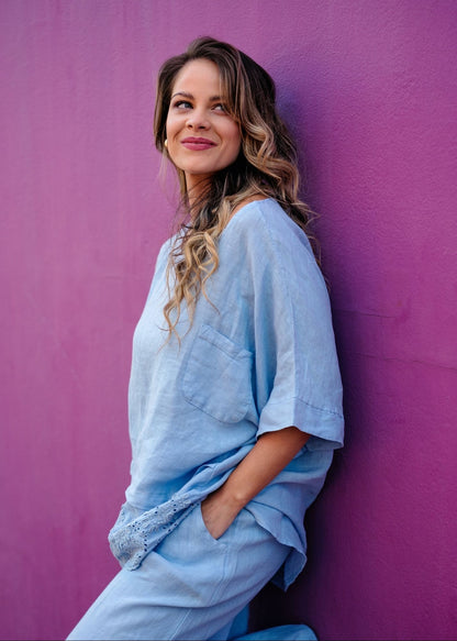 Lino 100% Linen V-Neck Blouse in Ice Blue Broderie