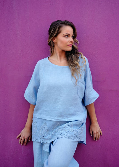 Lino 100% Linen V-Neck Blouse in Ice Blue Broderie