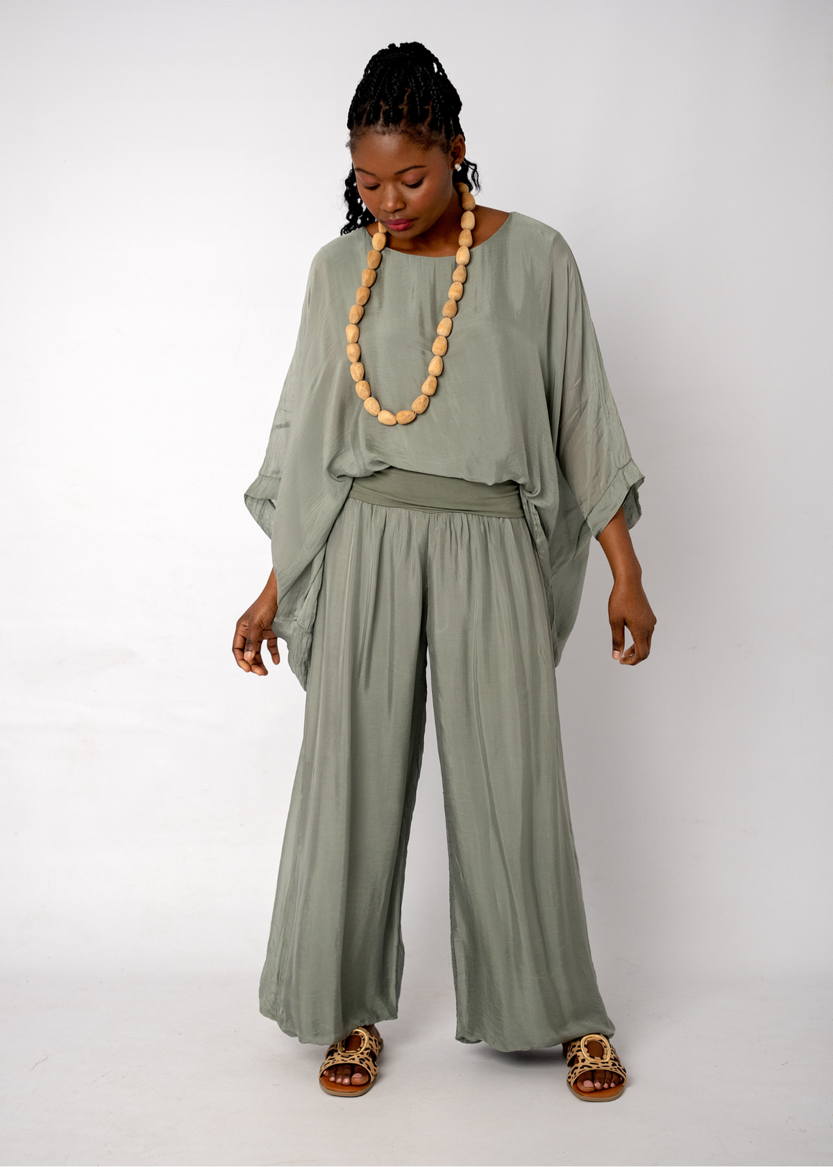 Sophia 100% Silk Flow Pants in Olive