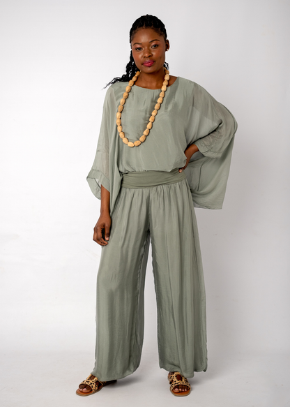 Sophia 100% Silk Flow Pants in Olive