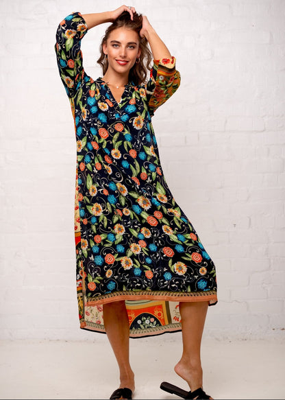 Carli Dress in Black with Floral Tiles