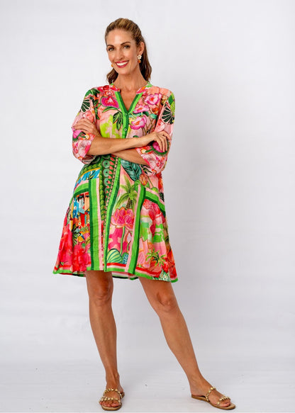 Amalfi Dress in Pink and Green Tropical Island