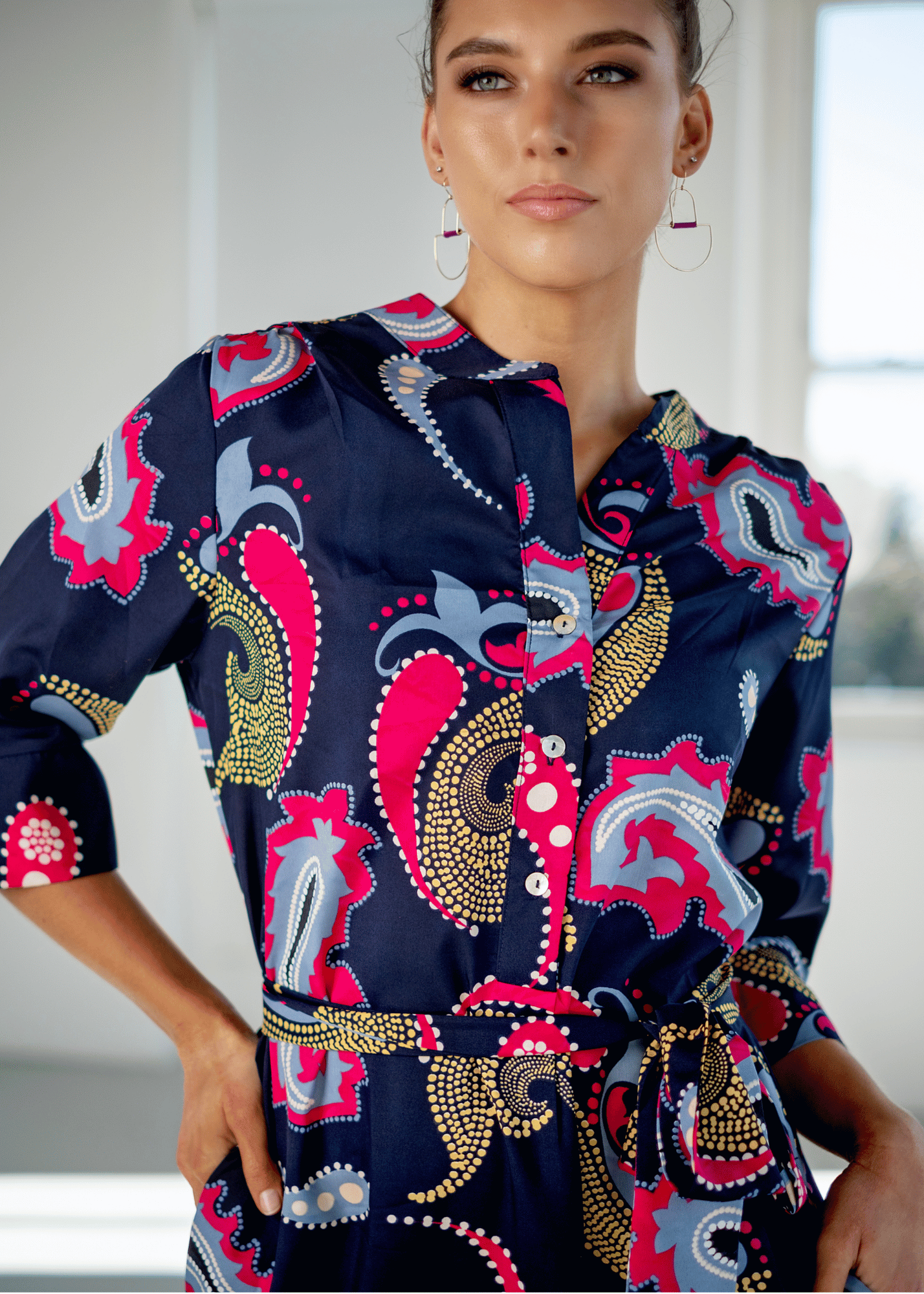 Fergie Cuffed Sleeve  Dress,  Navy Bold Paisley