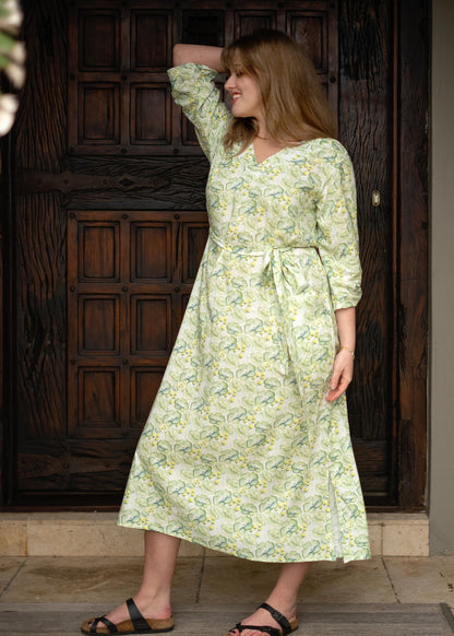 Gloria Dress with Tucked Sleeve Detail in Green Floral Design
