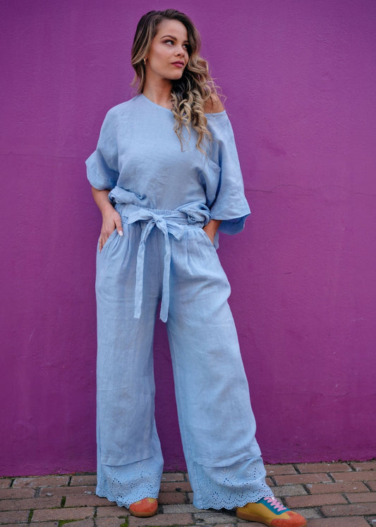 Lino 100% Linen Pants in Ice Blue Broderie