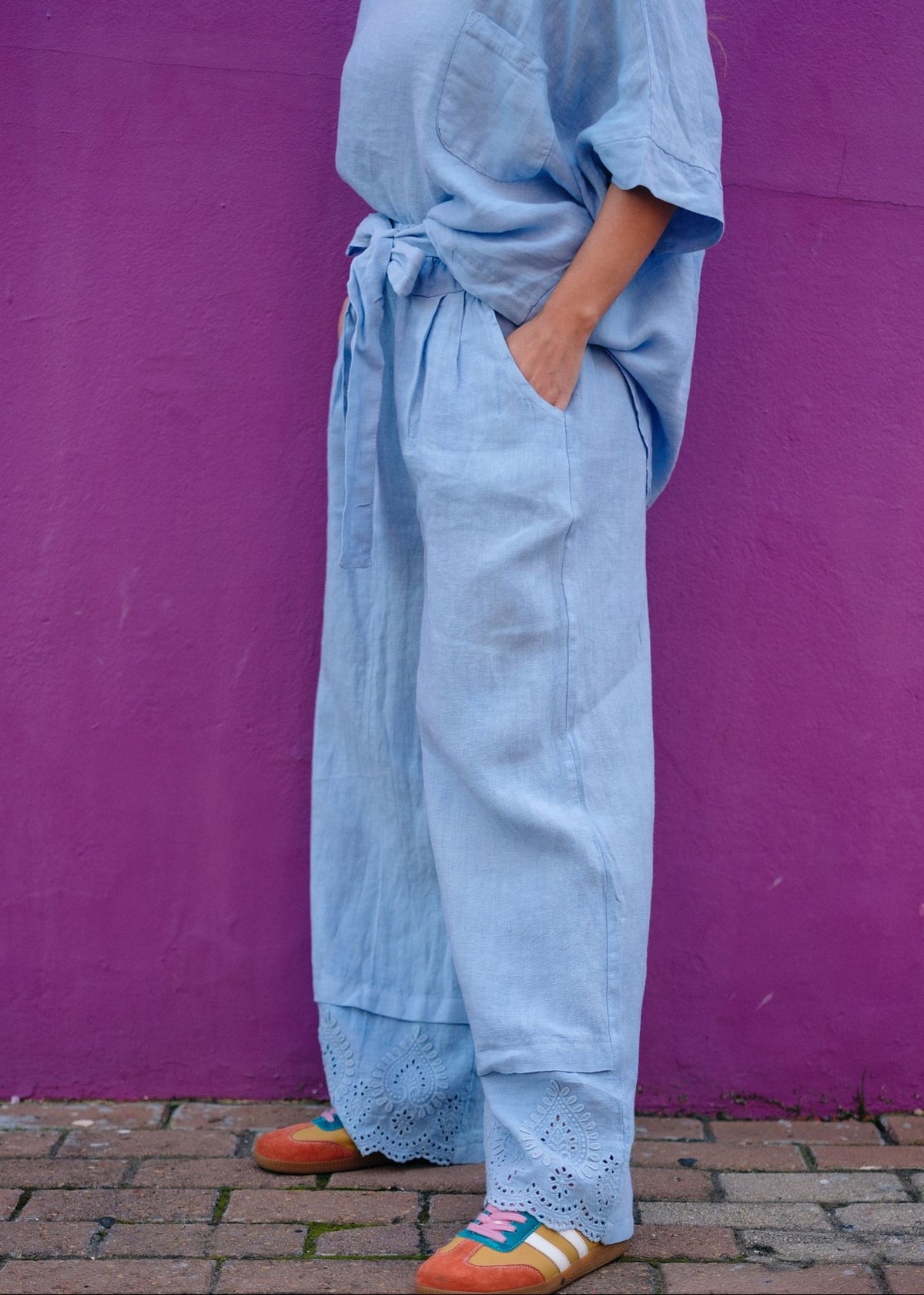 Lino 100% Linen Pants in Ice Blue Broderie