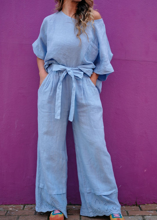 Lino 100% Linen Pants in Ice Blue Broderie