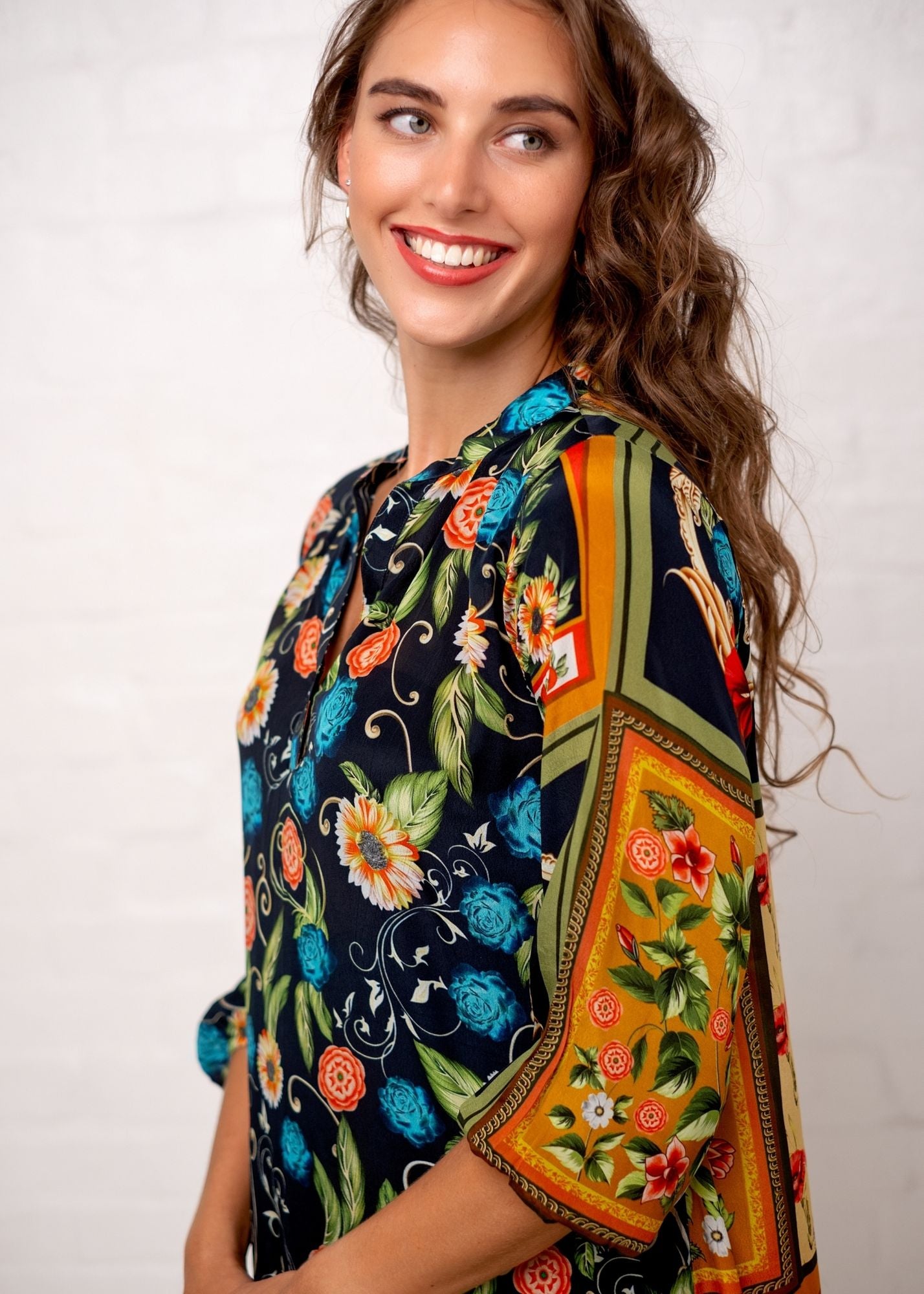 Carli Dress in Black with Floral Tiles