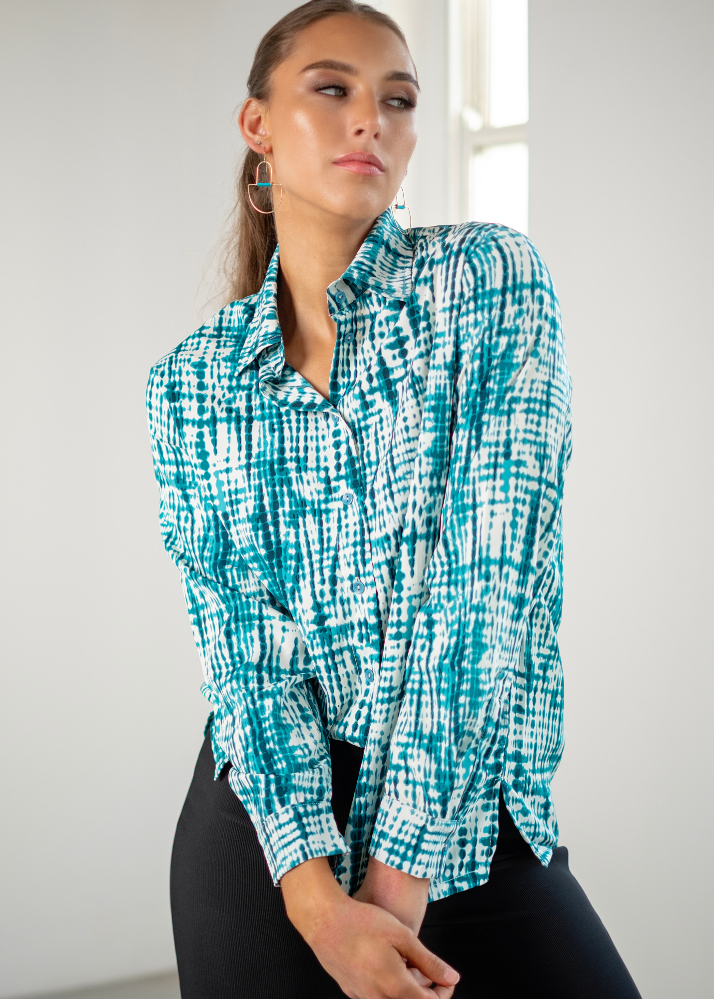 Button Down Blouse, Emerald & white tie dye