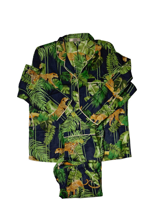 Long PJ Set in Navy Tropical Leopard