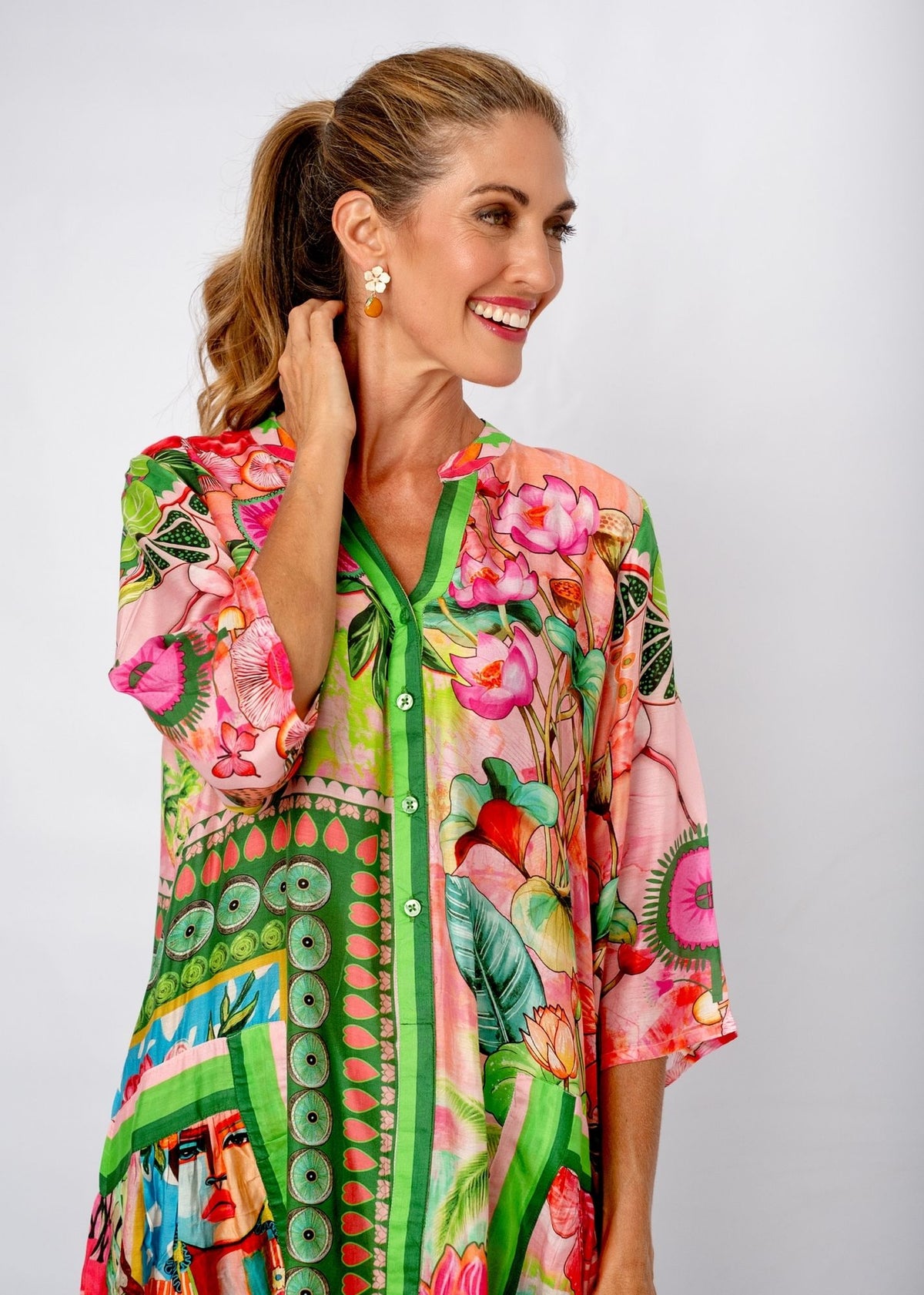 Amalfi Dress in Pink and Green Tropical Island
