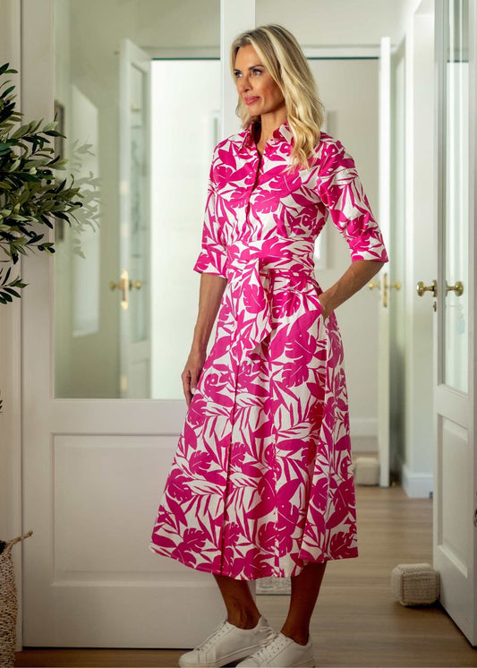 Marigold Dress in Pink and White Leaves