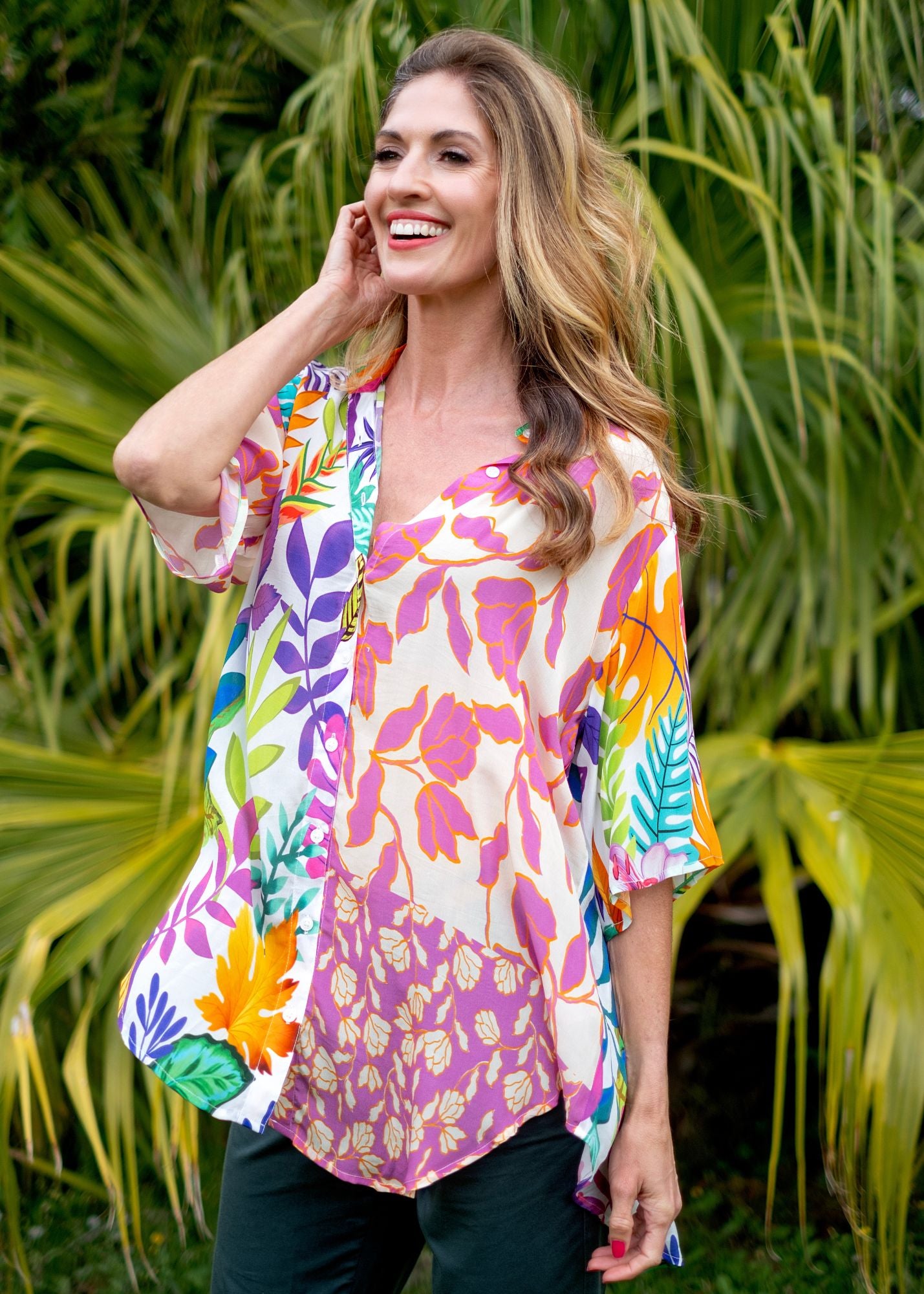 Molly Button down blouse in Rainbow Leaves