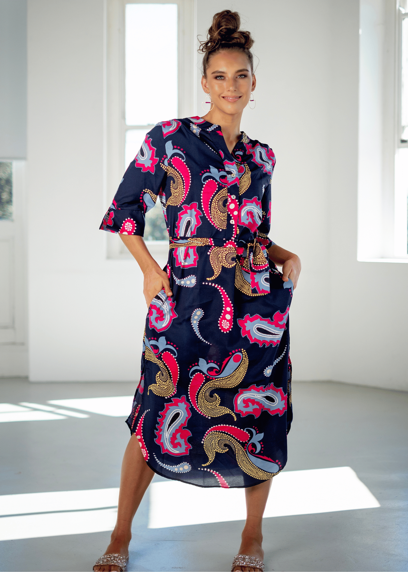 Fergie Cuffed Sleeve  Dress,  Navy Bold Paisley