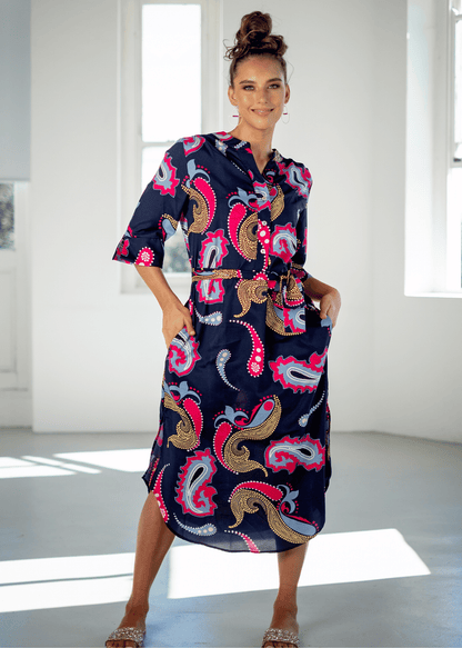 Fergie Cuffed Sleeve  Dress,  Navy Bold Paisley