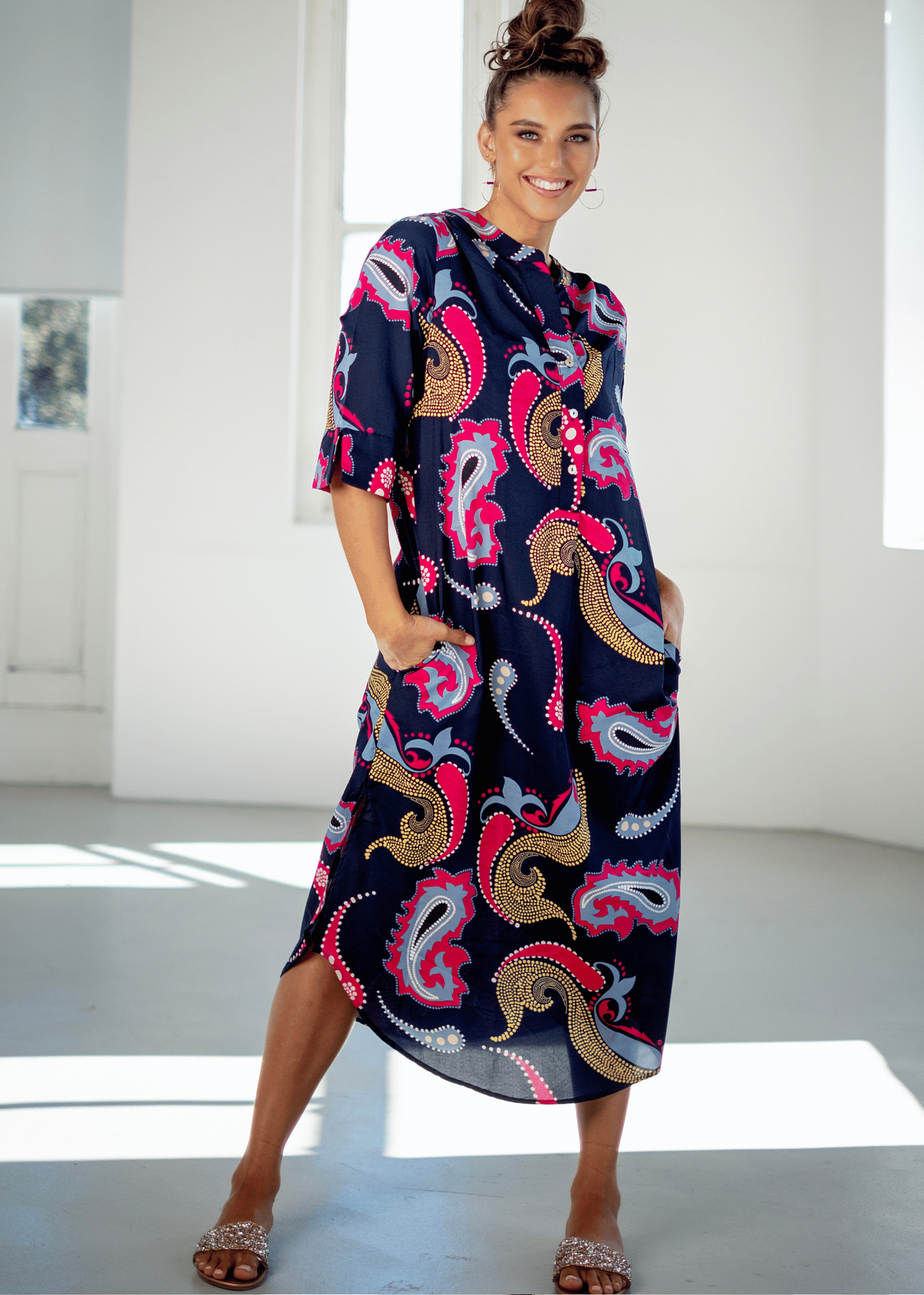 Fergie Cuffed Sleeve  Dress,  Navy Bold Paisley