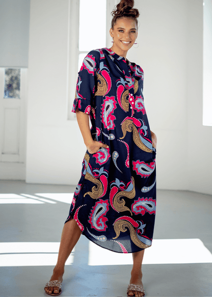 Fergie Cuffed Sleeve  Dress,  Navy Bold Paisley