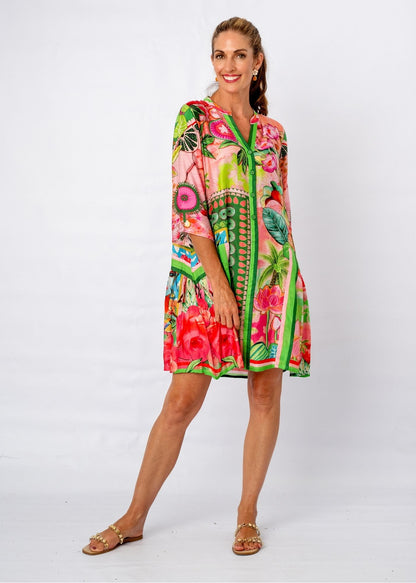 Amalfi Dress in Pink and Green Tropical Island
