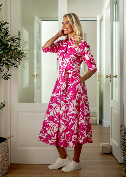 Marigold Dress in Pink and White Leaves